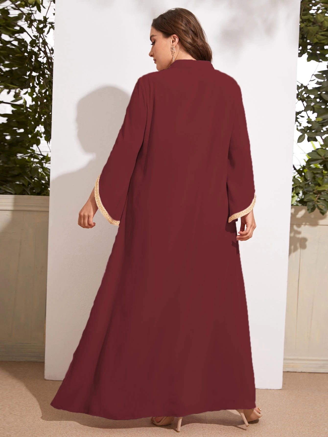 2021 Autumn Women's Plus Size Ankle Length Wine Red Color New Party Abaya With Gold Ribbon Solid Abaya