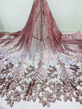 

5yards sequins Lace Fabric High Quality pink French Net Embroidery Tulle Lace Fabrics For Nigerian Party Dress FJL81