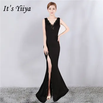 

Black Evening Dress It's Yiiya DX360 Mermaid Plus Size Sexy Split Evening Dresses 2020 Beading Sleeveless Long Robe De Soiree