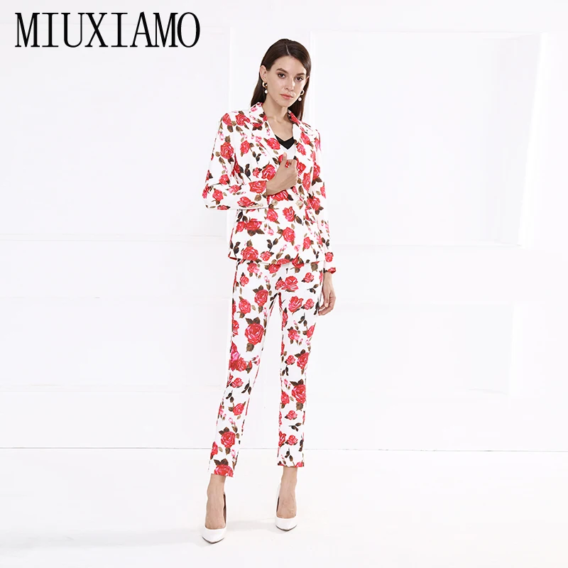 MIUXIMAO, высокое качество, осенняя мода, отложной воротник, длинный рукав, куртка+ длинные штаны, офисный женский костюм