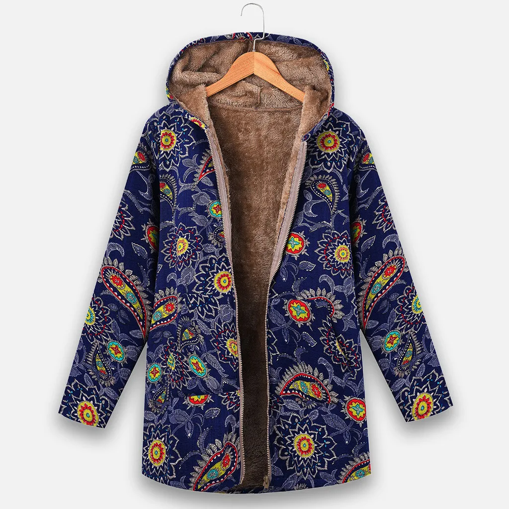 WOMAIL Ethnic Print Folk Hooded Woman Outwear Jacket Vintage Plus Size Winter Fleece Long Sleeve Coat Warm Pockets Women's | Женская