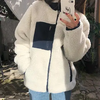

Plush Fleece Coat Plus Size Women Autumn Winter Fluffy 2019 Patchwork Wear Both Sides Fake Fur Wollen Coat Soft Female Overcoat