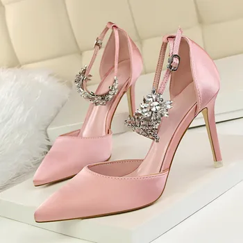 

Elegant Pink Pointed Toe Women's Stiletto High Heels Shoes Satin Shallow Pointed Diamond Sandals Ladies Dress Shoes DS-A0095