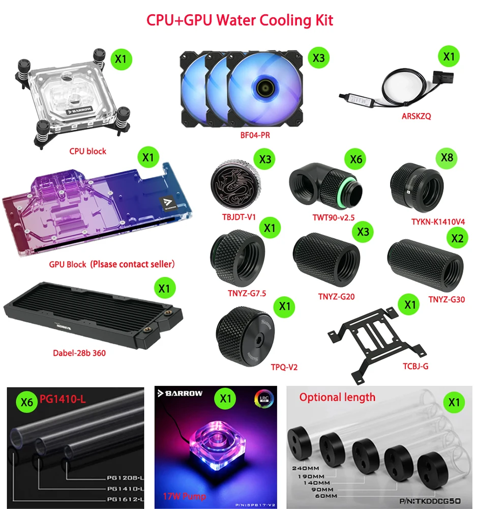 Barrow Hard Tute Water Cooling Kit , GPU / CPU Water Block + Radiator