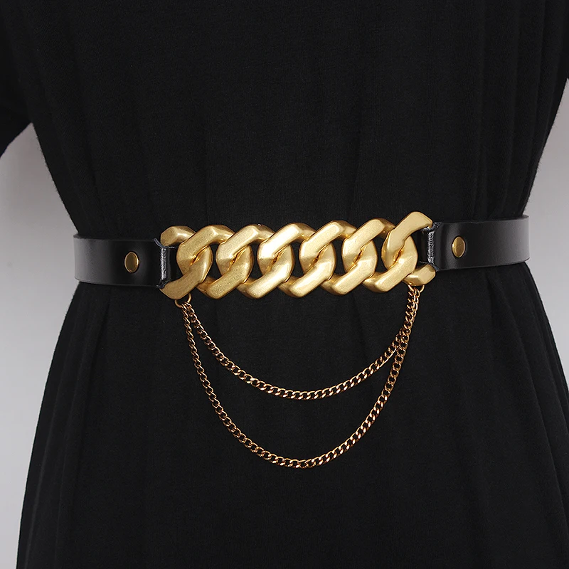 

Women's Runway Fashion Gold Chain Genuine Leather Cummerbunds Female Dress Corsets Waistband Belts Decoration Wide Belt TB1840