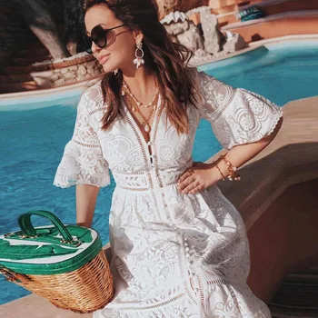 

Beach Dresses Robe Plage Bathing Suit Cover Ups Capes On Swimsuit Cape For The New Sexy Lace Neck Dress Solid Acetate