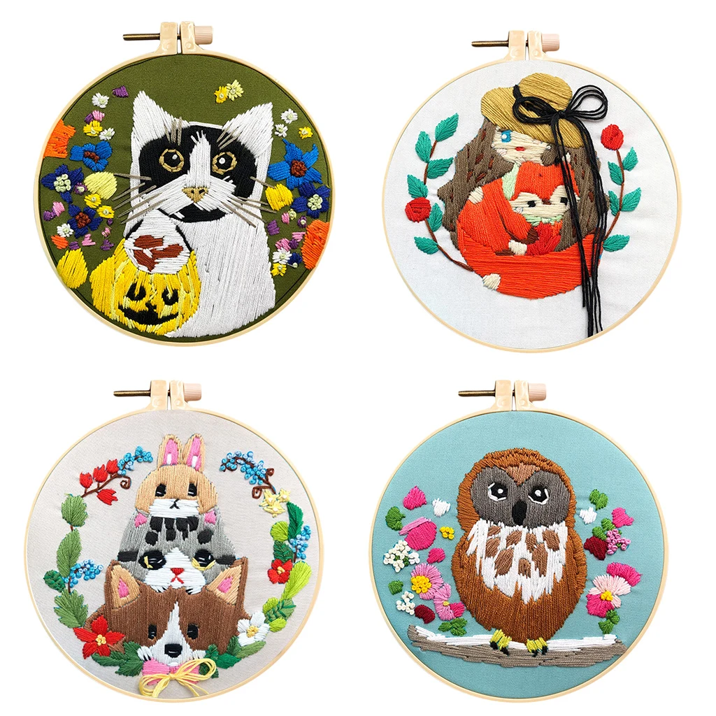 Pre-printed Embroidery Cross Stitch Starter Kit Cloth Needles Bamboo Hoop Tools