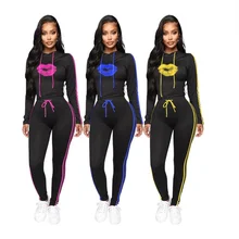 

RStylish 2021 Autumn New Women Casual Sportswear Lips Pattern Print Hooded Sweatshirt Two Piece Pants Set