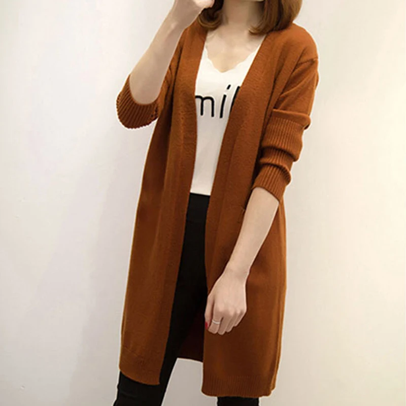 Suéter para Mujer, chaquetas largas informales de Color sólido, suéter cálido tejido, moda de otoño, Abrigo para Mujer