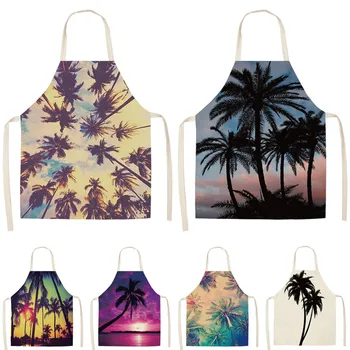 

1Pcs Coconut Tree Plant Printed Apron Cotton Linen Bibs for Women Barbecue Cooking Baking Kitchen Cleaning Aprons 53*65cm WQ0012