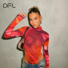DFLlifes Long Sleeve Tie-dye Bodysuit Female Clothes Sexy Red Clubwear Spring Slim Women's Bodysuits Fashion Woman Blouses 2022