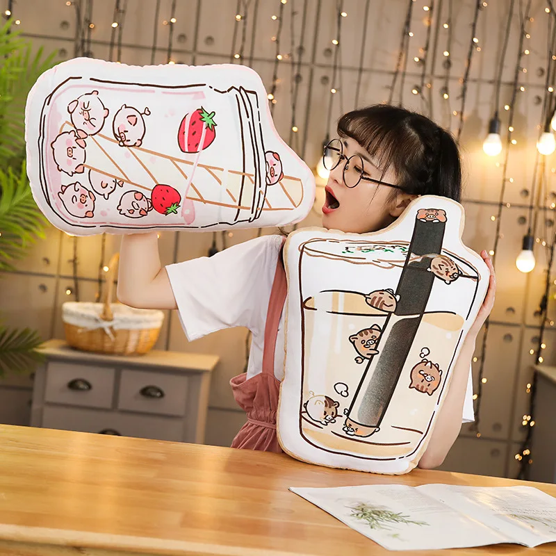 Coffee Milk Printing Pillow Plush Snack Cup Milkytea Strawberry Decor Pillow Sofa Chair Bed Fashion Cushion Props Gift 45cm