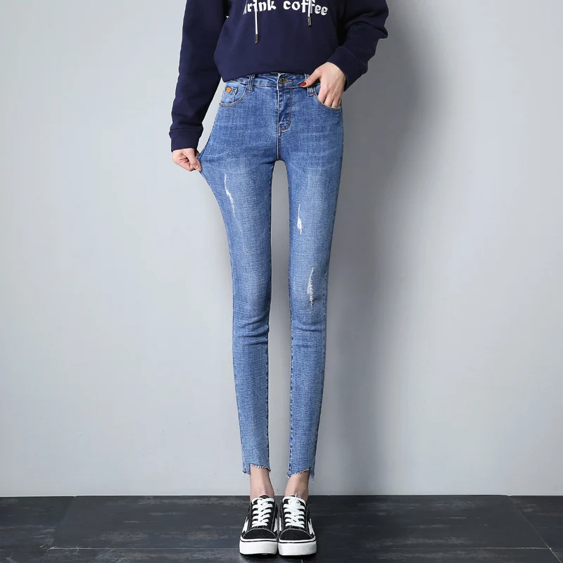 ZSRS Nine-cent Jeans Women's Holes Spring New Slim Korean Tight-legged Irregular Light-colored Pencil Pants - Цвет: Небесно-голубой