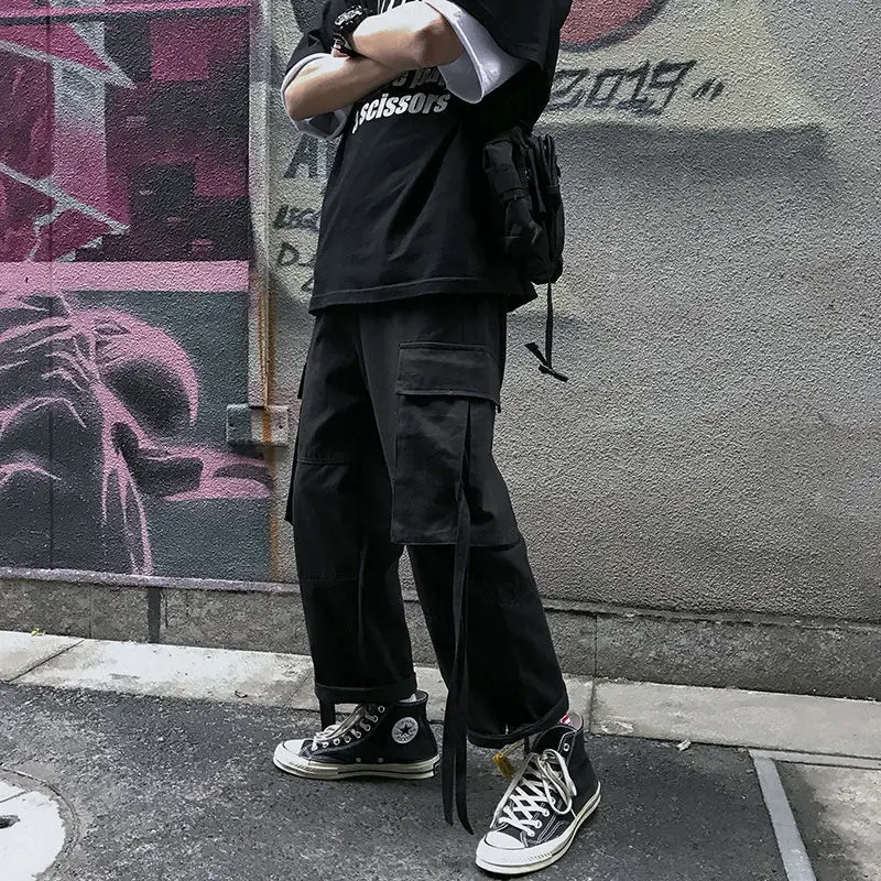 

Self-Made Summer Hong Kong Style Ribbon Loose Straight Capri Pants Men Japanese-style INS Harajuku Popular Brand Casual Bib Over