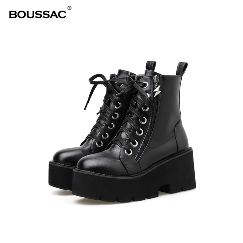 Boussac/женские ботинки на массивной платформе с круглым носком ботинки martin на шнуровке женские ботильоны; черные ботинки в готическом стиле в стиле панк; SWE0791