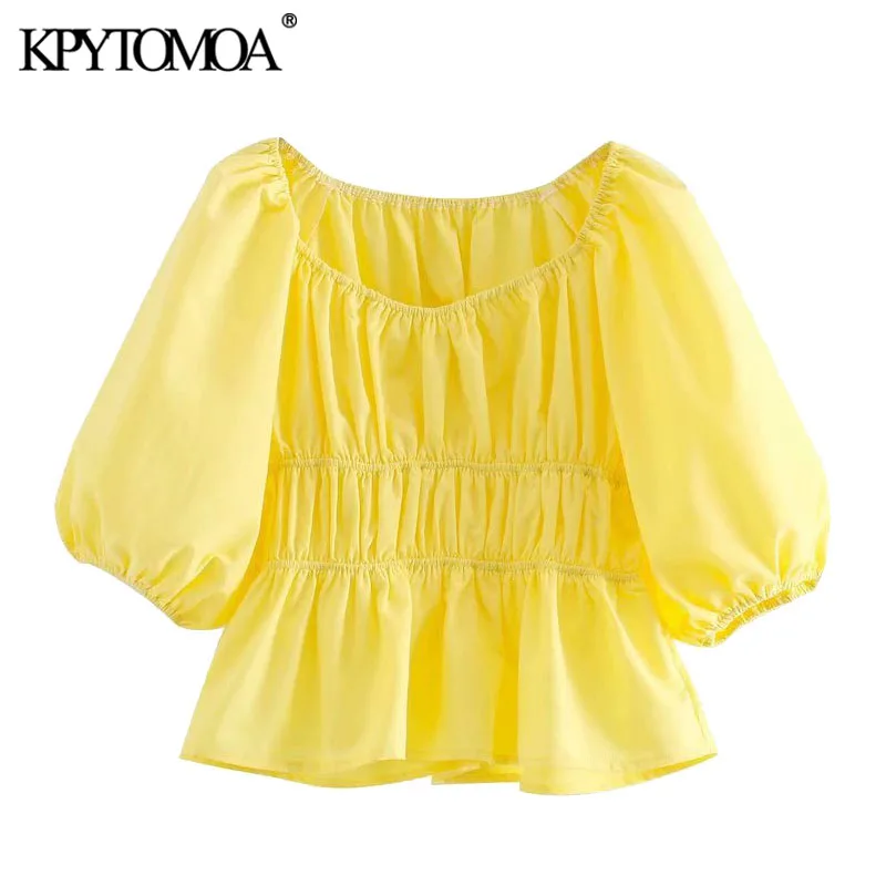 KPYTOMOA Women 2020 Sweet Fashion Ruffled Cropped Blouses Vintage V Neck Short Sleeve Pleated Female Shirts Blusas Chic Tops KPYTOMOA Women 2020 Sweet Fashion Ruffled Cropped Blouses Vintage V Neck Short Sleeve Pleated Female Shirts Blusas Chic Tops