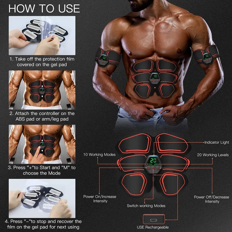 Rechargeable Abs Stimulator Muscle Toner Abdominal Traine Portable Fitness Workout Equipment for Home Office Exercise