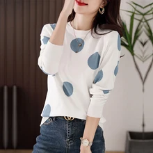 TuangBiang 2021 Dots Autumn Winter Retro Pullovers Mock Neck Woman Long Sleeve White Knitted T-Shirt Slim Elastic Stylish Jumper