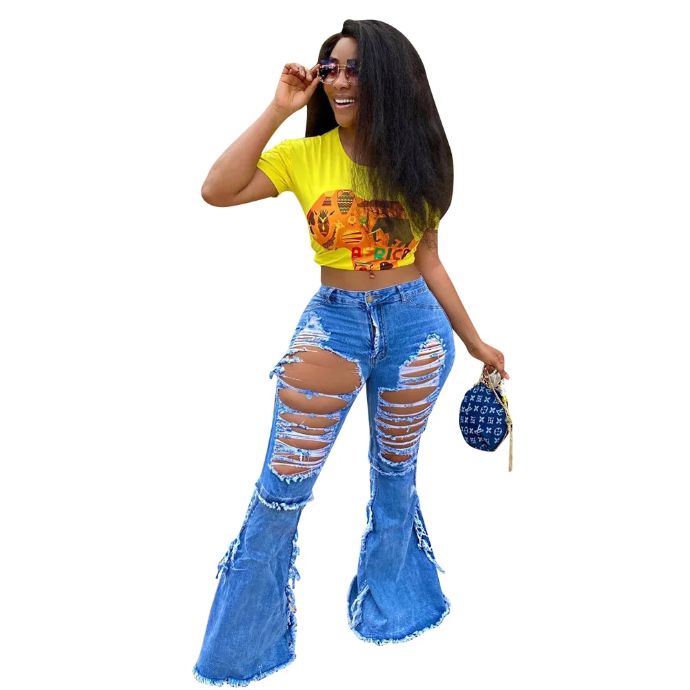 

New Arrival Cotton Front Back Hole Ripped Bell Bottom Woman Jeans Fall 2020 Plus Size Wide Leg Flare Denim Pants Trousers 4XL