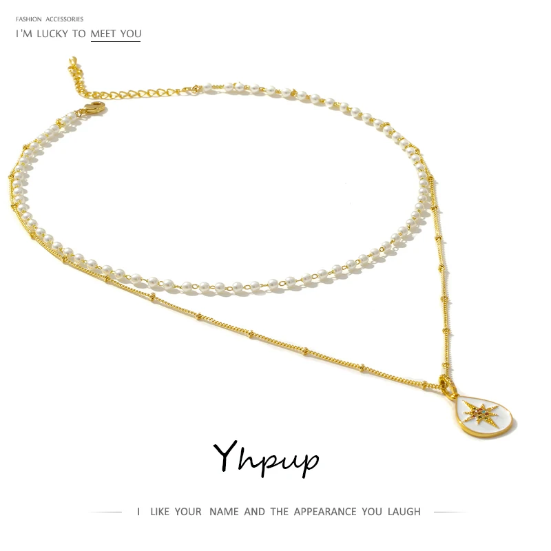 

Yhpup Korean Imitation Pearls Multilayer Necklace Copper Metal Charm Statement Women Necklace for Girl Party North Star Gift New