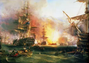 

4 Hand Painted Art Paintings by College Teachers - Bombardment of Algiers Chambers warships naval war - Oil Painting on Canvas