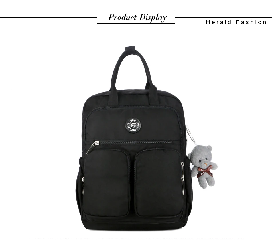 Herald Модный женский рюкзак с подвеской в виде медведя, водонепроницаемый нейлоновый рюкзак с несколькими карманами, одноцветные дорожные школьные сумки с мягкой ручкой для девочек