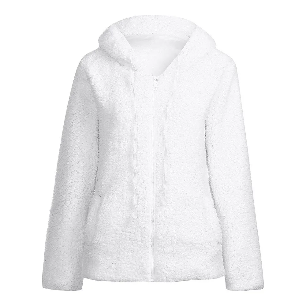 Женское однотонное пальто плотный мягкий флис осень зима теплая куртка с капюшоном на молнии пальто женская повседневная одежда пальто#715