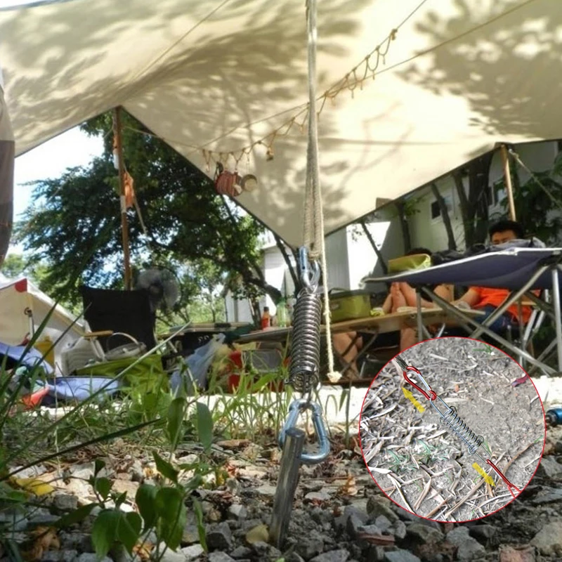 Camping Tent Accessories 5/10Pcs/set Steel Tent Wind Rope Spring Buckle Tent Tensioner Camping Deck Pegs with Carabiner Clips Awning Tightener Fixed Hook