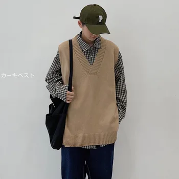 

Winter New Vest Sweater Men Fashion Solid Color Casual V-neck Sweater Pullover Man Streetwear Loose Sleeveless Sweater M-2XL