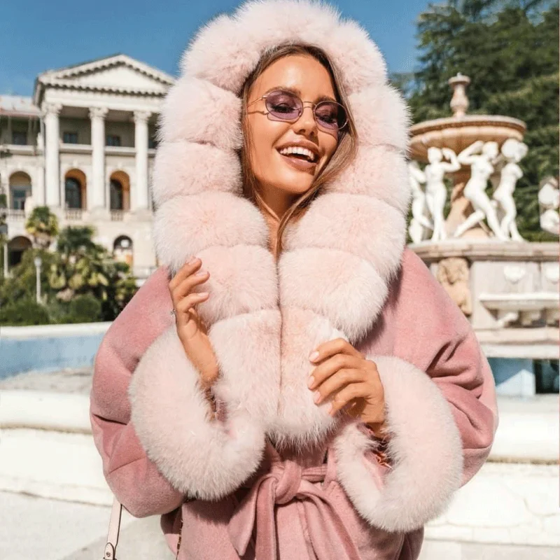 FURSARCAR 2021 New Arrival Real Fox Fur Pink Coat Natural Fur Jacket Top Fashion Female Slim Thick Warm Winter Luxury Overcoat
