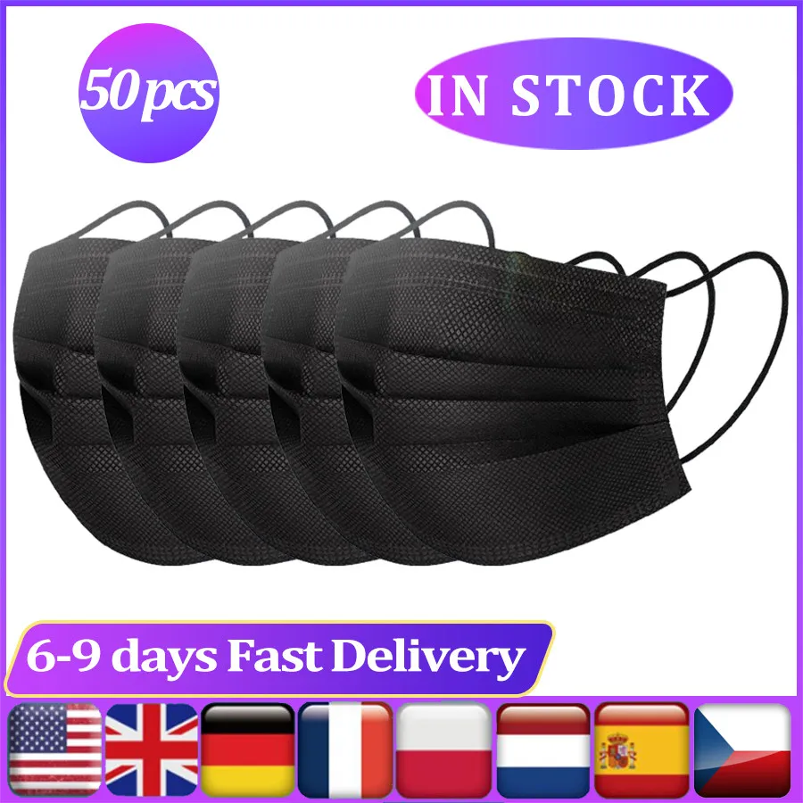 

100/ 50 Pcs Black Face Masks 3 Laye Disposable mask Prevent droplets Anti-Dust Mask Filter pm2.5 Anti Pollution Men Women masks