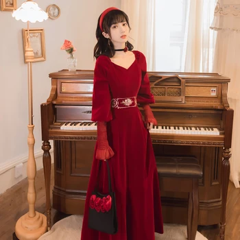 

Burgundy Velvet Long Dress Autumn Retro Women Embroidery Floral Lantern Sleeve V-Neck Elegant Lady Party Night Club Vestido