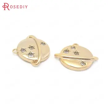 

(38468)4PCS 10.5x12MM 24K Gold Color Brass and Zircon with Star Planet Charms Pendants High Quality Jewelry Making Supplies