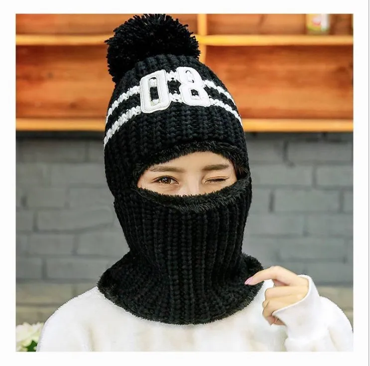 Родитель-ребенок, вязаные зимние шапки Skullies для женщин и детей, утолщенная Флисовая теплая шапка с помпоном, модная однотонная шапка для взрослых девочек и мальчиков - Цвет: Black