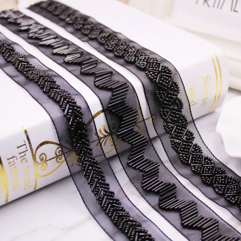 

1Yards/Lot Black Beaded Lace Ribbon Lace Fabric beaded fringe Lace Trim Embroidered Collar Decoration African Lace Fabric Sewing