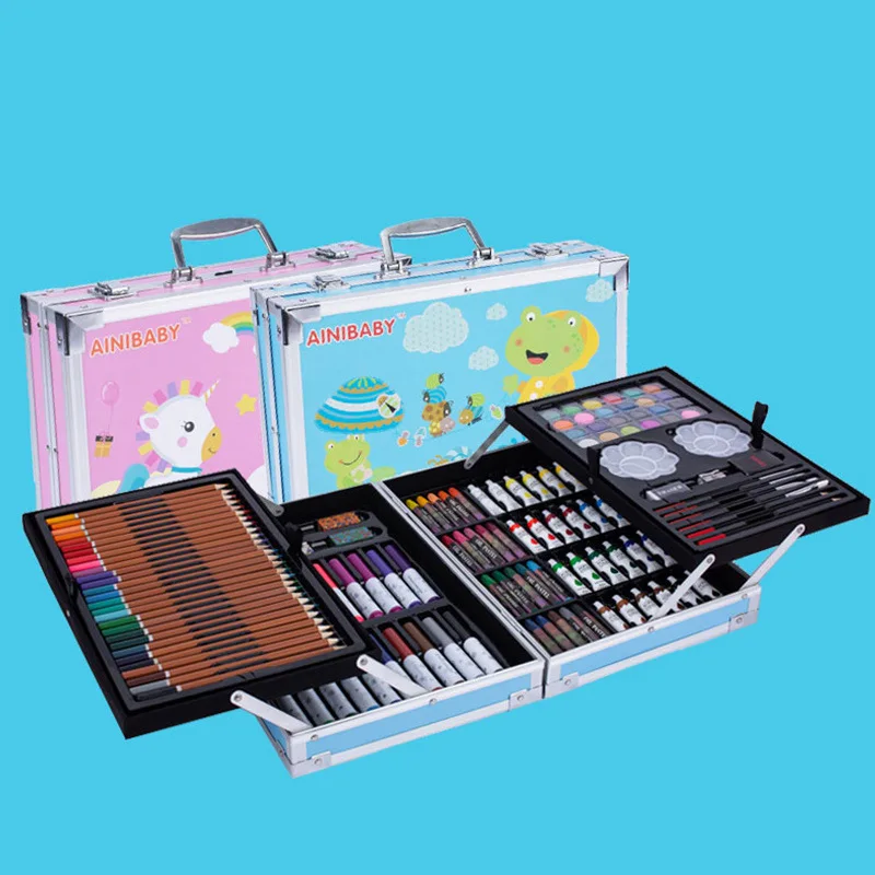 

Children Brush Painted Watercolor Pens Set Gift Box Double Layer Aluminum Box Gift Color Crayon Fine Art Painted Tool
