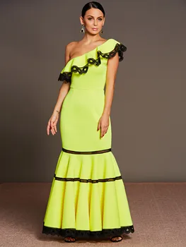 

Women Mermaid Long Dresses Sexy Ruffles Oblique Collar One Shoulder Asymmetric Dress Backless Lace Prom Party Robe De Soiree
