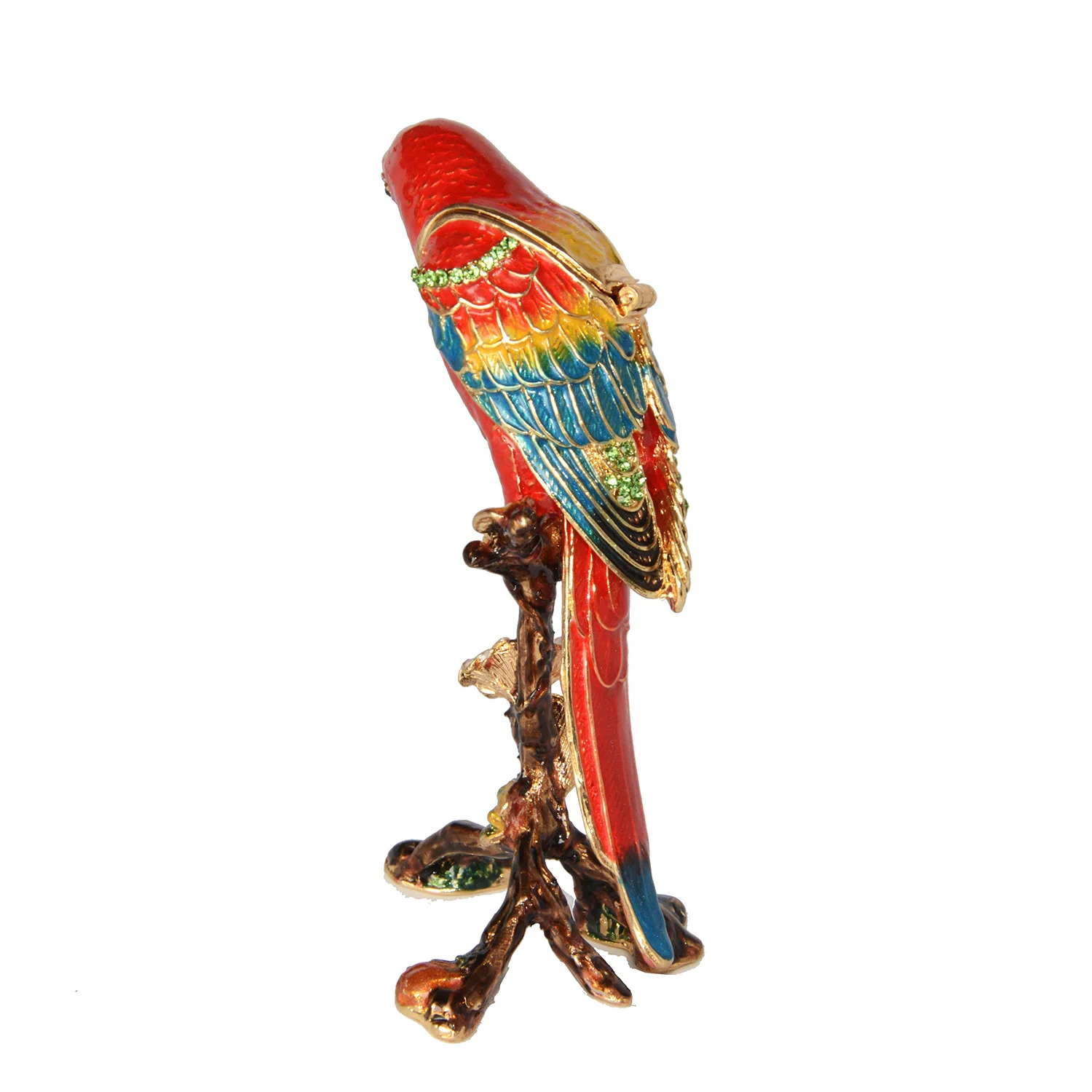 Parrot Bird Trinket Box with Hinged Lid Enamel Bejeweled Crystal Unique Ornament 