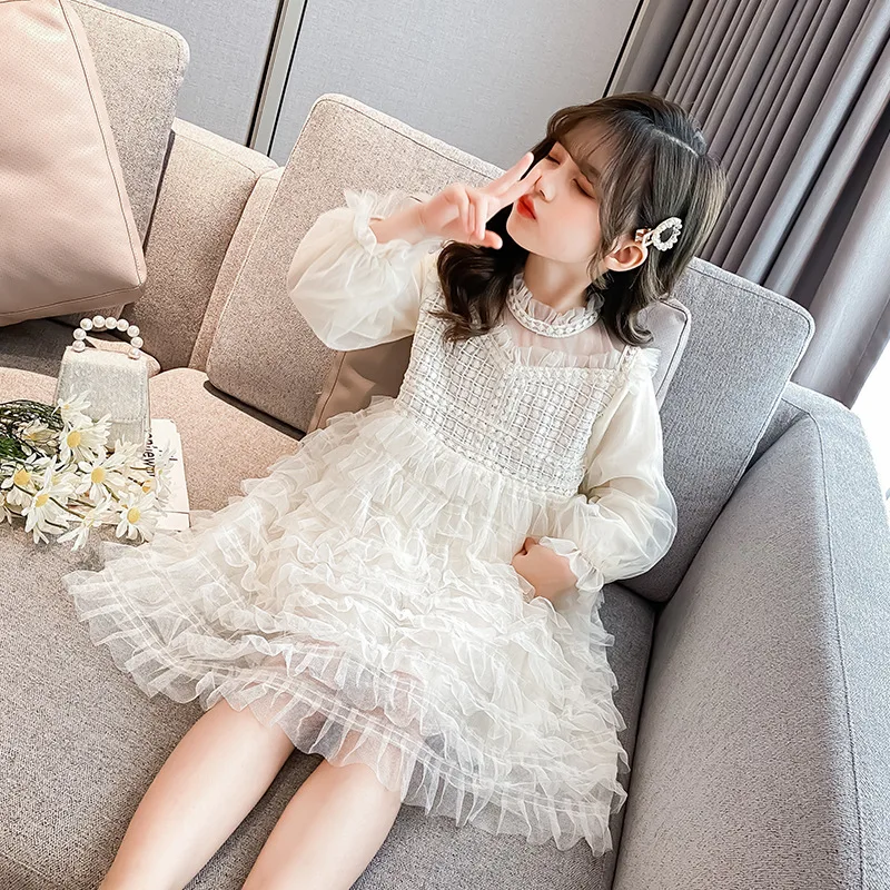 2020 autumn long sleeve princess girls dress 14 years old beige party teenage fashion children