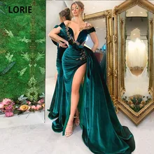 LORIE Dubai vestido de noche con cuello redondo, prenda con escote de ilusión transparente, color verde dorado, lateral alto, terciopelo, sirena árabe, para fiesta de graduación