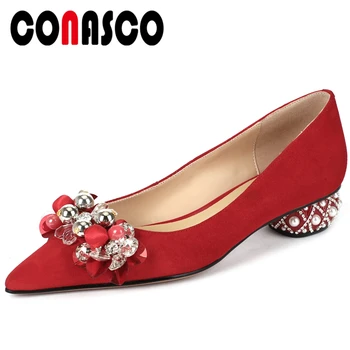 

CONASCO Spring Women Pumps Kid Suede Wedding Casual Shoes Crystal Decoration Pearl Rhinestone Thick Heels Shallow Shoes Woman
