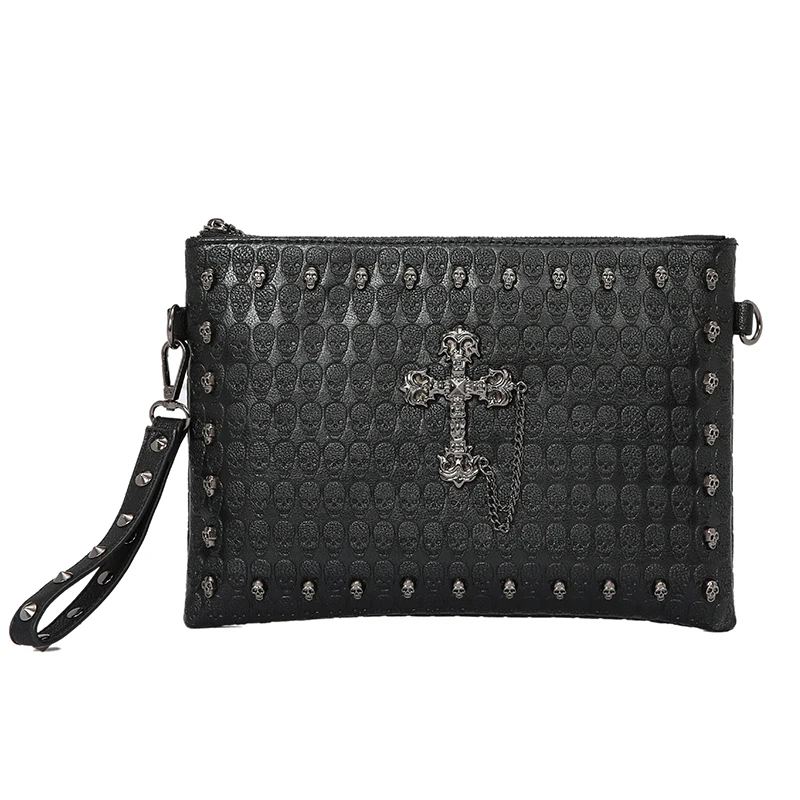 Unisex Men Women Hip Hop Cross Tassel Punk Handbag Black Fashion Skull Messenger Rivet Envelope Mini Clutch Small Shoulder Bag