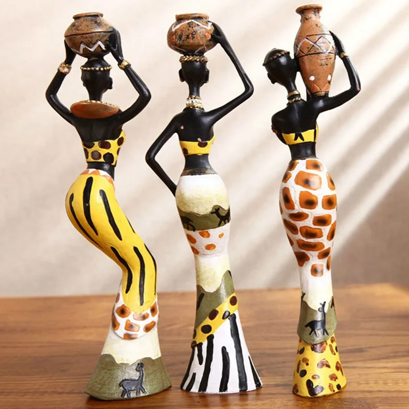 One Set of 3pcs Exotic African Tribal Woman Resin Figurine Hand-Painted Statue 