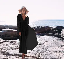  TEELYNN long sleeve beach cover dresses vintage lace white summer dress sexy deep v neck long women dress boho Bohemia vestidos 