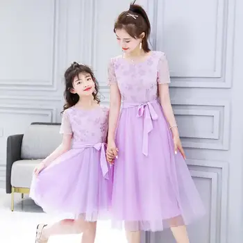 

Twinning Dress Flower Embroidery Mother Daughter Dresses Purple Mommy Girls Dress 2020 Family Look Match Outfits