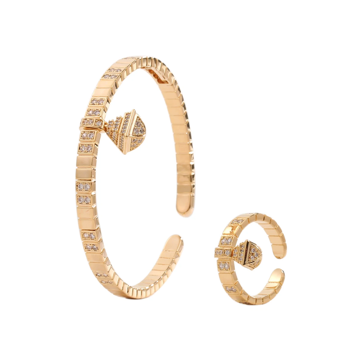 New Romatic Women's Fashion 2 Pcs Bracelet & Ring Set Simple Copper Geomatic Design Gold Open Cuff Bangle Jewelry Set