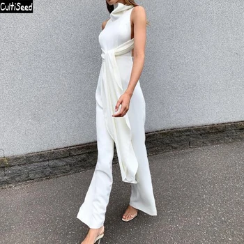 

Cultiseed Women Sexy Backless Cross Lacing up Bow Bandage Jumpsuits Rompers Female New Trutleneck Wide Leg Pant Vest Jumpsuits
