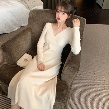 

Aulead Elegant OL V Neck Slim Long Sweater Dress Women Thick Knit Autumn Winter Dress Female Slim A-line Basic Dress Casual 50cs