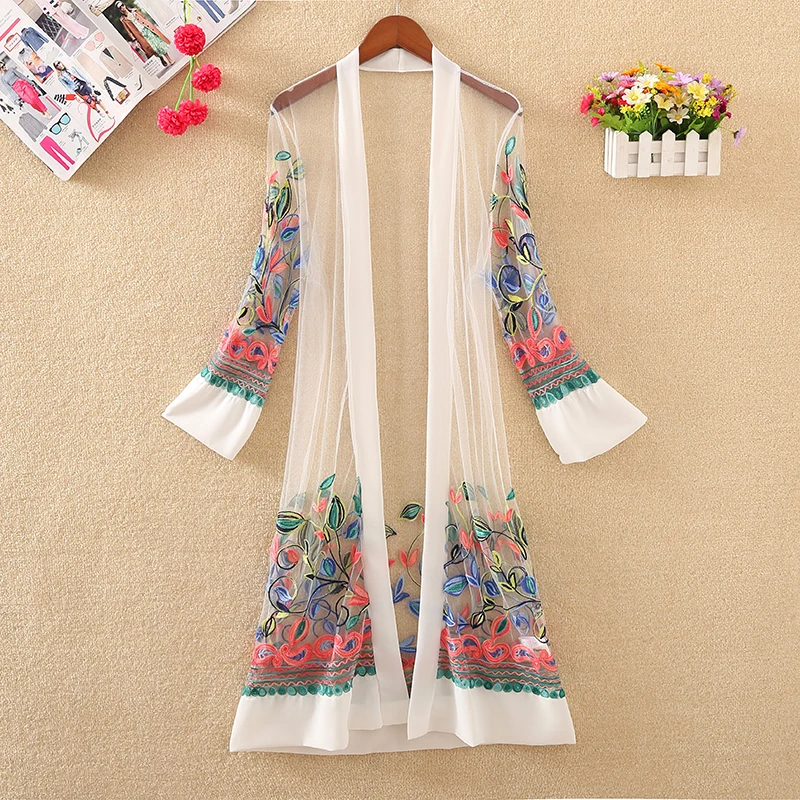 New Women Floral Embroidered Long Jacket Summer Net Cardigan
