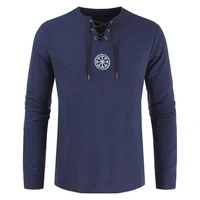 Mężczyźni koszula Plus Size Top starożytnych Viking haft Lace Up V Neck z długim rękawem koszula Top dla mężczyzn odzież 3
